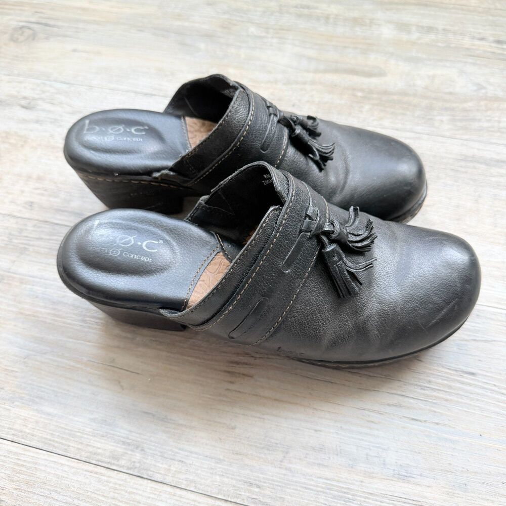 Y2K Clogs b.o.c. Born Concept Black Leather Tassel Slip On Size 8 Heel Comfort